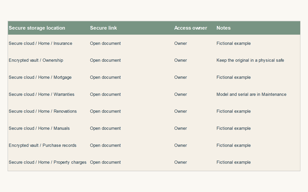 Home document storage register with secure location, document link, access owner and notes.