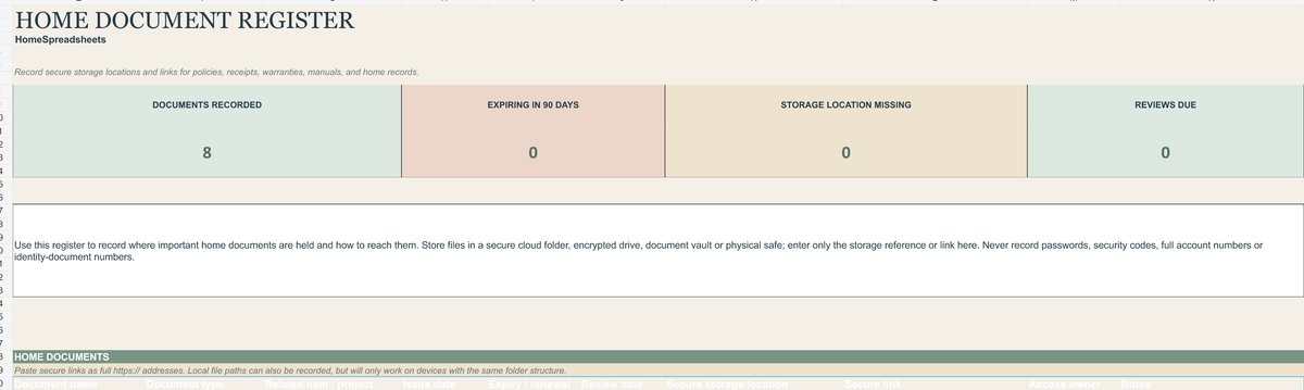 Home Document Register Demo workbook preview